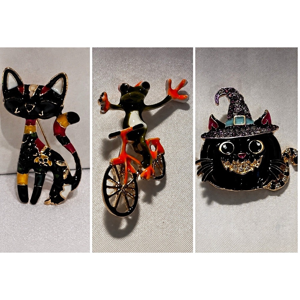 Enamel Animal Brooch Pins - 2 Halloween cats, Witch Frog Bicycle Gold Tone[JB2